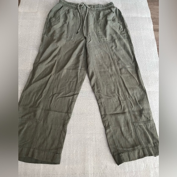 [S]Ricki’s Olive Green Women Linen Blend Ankle Pants Lagenlook Drawstring - Picture 1 of 9